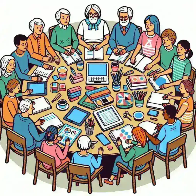 "Grupos de personas de diferentes generaciones colaborando en una plataforma de aprendizaje en línea, destacando la interacción y el intercambio de conocimientos en un entorno digital."