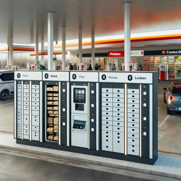 "Intelligent mail lockers installed at Spanish gas stations by Correos for convenient package delivery and collection."
