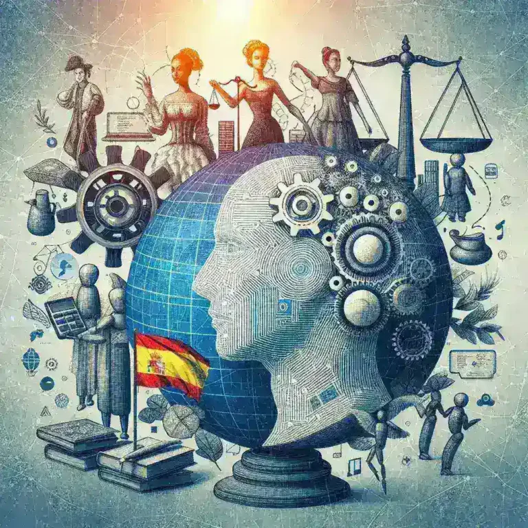 "Image depicting the Spain flag with symbols of artificial intelligence, representing Spain's commitment to promoting ethical and responsible AI in international development at the IA Solidaria initiative."