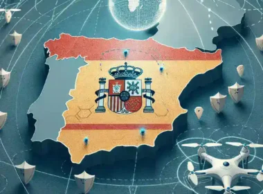 "Soldado español revisando un sistema de defensa contra drones en un campo militar, en el contexto de la estrategia de España frente a amenazas rusas y su impacto en la geopolítica actual."