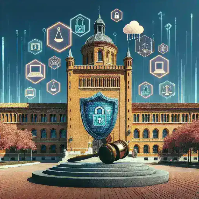 "Estudiantes en una aula de universidad española discutiendo sobre titulaciones conjuntas en ciberseguridad y derecho digital, destacando la integración de tecnología y leyes en la educación superior."