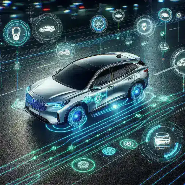 "Imagen de un nuevo vehículo equipado con Sistemas ADAS (Advanced Driver Assistance Systems), mostrando características como el control de crucero adaptativo y la asistencia de mantenimiento de carril, ilustrando su importancia en la seguridad automotriz moderna."