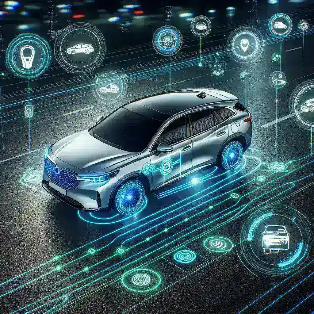 "Imagen de un nuevo vehículo equipado con Sistemas ADAS (Advanced Driver Assistance Systems), mostrando características como el control de crucero adaptativo y la asistencia de mantenimiento de carril, ilustrando su importancia en la seguridad automotriz moderna."
