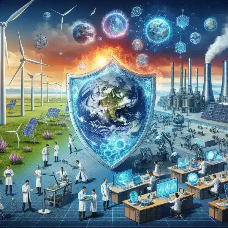 Ilustración que muestra un escudo sobre la Tierra con elementos de energía renovable y tecnología en un entorno industrial.