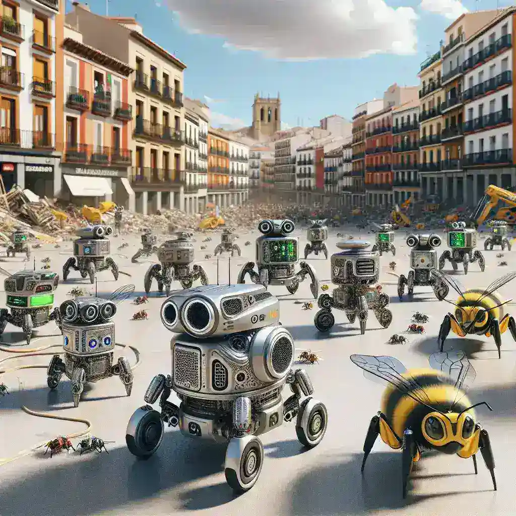 "Robots de enjambre en acción durante una simulación de rescate en España, destacando su uso innovador en emergencias y operaciones de búsqueda y salvamento."