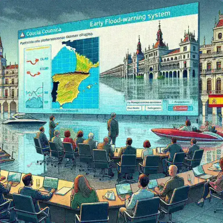 "Mapa de España destacando áreas afectadas por inundaciones, utilizado por ayuntamientos para probar plataformas de alerta temprana de inundaciones."