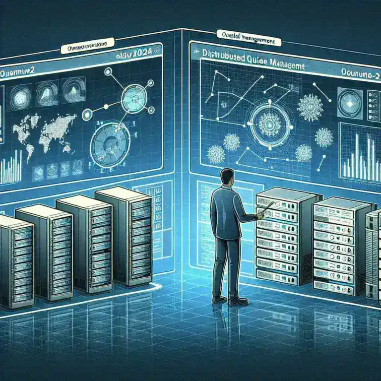 "Plataformas de gestión avanzada de colas distribuidas ilustración - Guía Completa 2024. Este gráfico destaca las principales características y beneficios de las plataformas modernas para la gestión eficiente de colas de mensajes, ideal para desarrolladores y arquitectos de software."