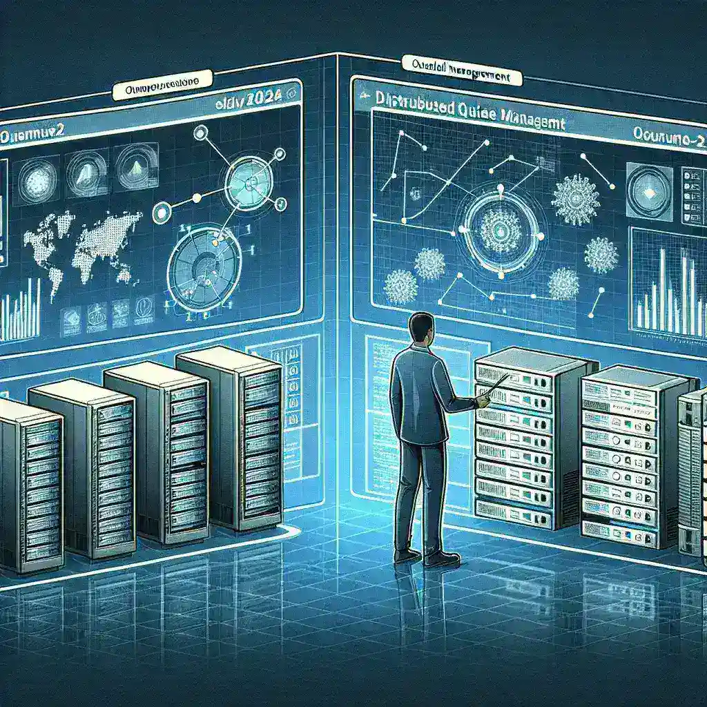 "Plataformas de gestión avanzada de colas distribuidas ilustración - Guía Completa 2024. Este gráfico destaca las principales características y beneficios de las plataformas modernas para la gestión eficiente de colas de mensajes, ideal para desarrolladores y arquitectos de software."